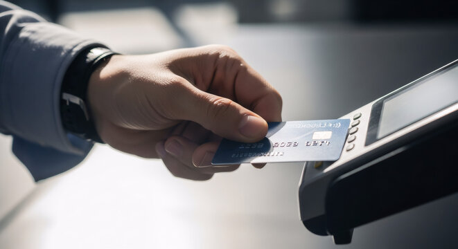 Payment process with credit card being tapped on terminal, close up of hand holding card above device. Payment transaction showcases modern digital currency use, emphasizing convenience in shopping. - Powered by Adobe