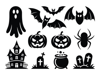 Halloween vector illustration set scalable eps icon elements for spooky themed designs silhouette vector illustration white background