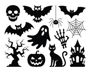 Vector illustration collection of spooky halloween icons and symbols for festive designs silhouette vector illustration white background