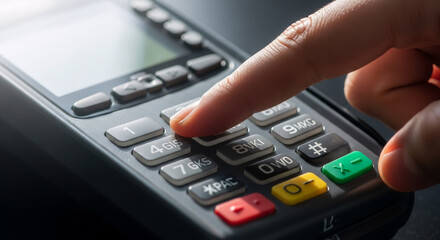 Close-up of payment terminal with finger pressing buttons for transaction. Payment terminal shows keypad with various functions and digits while user engages in secure payment process.