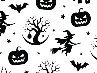 Seamless halloween pattern vector illustration with witches bats and pumpkins for festive designs silhouette vector illustration white background