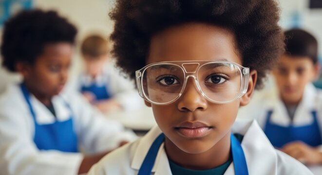 Young student in lab coat and glasses focused on science experiment during class activity