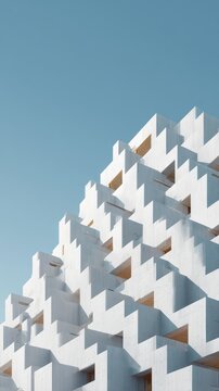 White geometric building with abstract cube design against blue sky