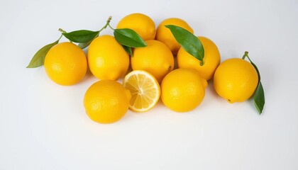 Several bright yellow lemons, freshly picked, arranged on a pristine white surface,   texture,   refreshing