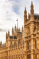 Detailed view of ornate Gothic architecture of the Palace of Westminster in London