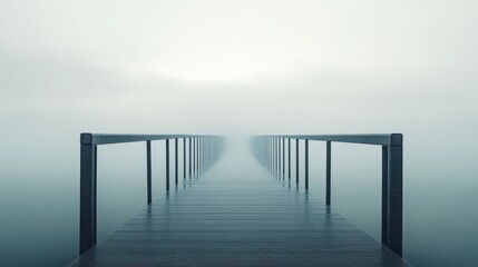 Naklejka premium Misty wooden pier extending into calm water on a foggy morning creating a serene atmosphere