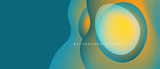 Abstract fluid shapes overlap, creating vibrant color gradients. Teal, yellow hues dominate design, suggesting movement, depth. Minimalist text present.