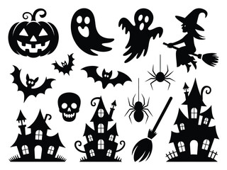 Halloween vector silhouette collection featuring pumpkins ghosts bats spiders witch and haunted houses for spooky designs silhouette vector illustration white background