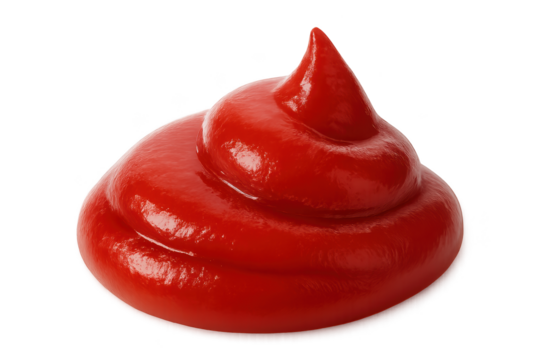 Bright red, glossy sauce dollop formed in spiral on transparent background