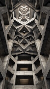 Symmetrical Brutalist Concrete Architecture with Geometric Patterns Looking Up