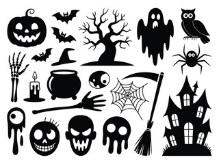 Scary halloween silhouettes vector collection spooky icons for festive decorations and design projects silhouette vector illustration white background