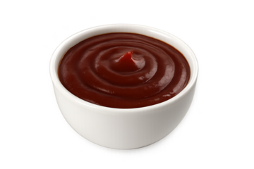 White ceramic bowl filled with glossy red sauce, swirled into peak