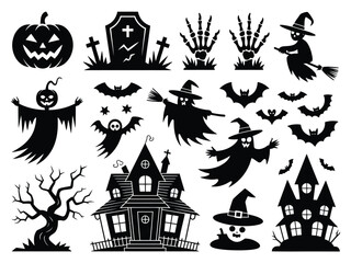 Vector illustration bundle spooky halloween icons haunted houses ghosts bats and pumpkins eps scalable silhouette vector illustration white background