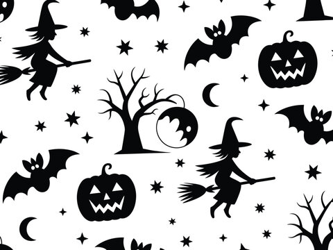 Seamless halloween pattern vector illustration with witches bats pumpkins spooky trees and moon for festive designs silhouette vector illustration white background