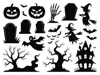 Spooky halloween silhouette vector graphics collection for festive designs and decorations silhouette vector illustration white background