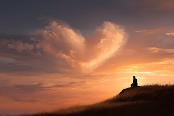 Fototapeta premium Silhouette of man sitting in grass field at sunset with heart shaped cloud in the sky, romantic peaceful landscape and hope concept