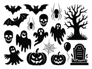 Scary halloween vector graphics collection icons bats spiders ghosts pumpkins skulls tree tombstone silhouette vector illustration white background