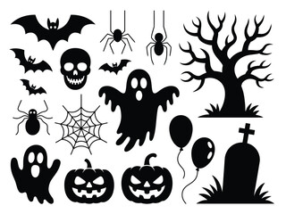 Halloween vector illustration set featuring bats ghosts pumpkins spiders and spooky tree elements for creative design projects silhouette vector illustration white background