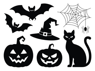 Halloween vector graphics set with bats spooky cats pumpkins witch hats and spiderweb icon illustration silhouette vector illustration white background
