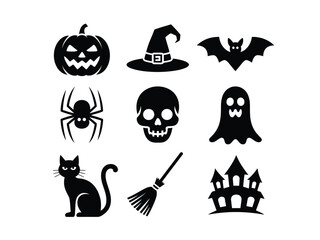 Halloween icons vector set spooky objects pumpkin witch hat bat spider skull ghost cat broom castle silhouette vector illustration white background