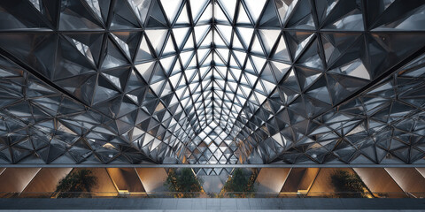 Futuristic Geometric Ceiling Design in a Modern Architectural Building Interior