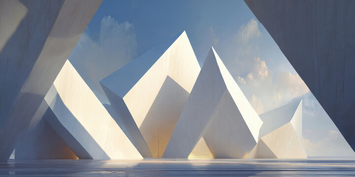 Abstract Minimalist Geometric Architectural Landscape with Human Figures and Blue Sky