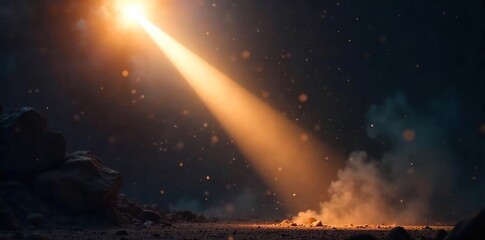 Dramatic Light Beam Cutting Through Darkness, Illuminating Dust Motes; Perfect for Futuristic, Mystical, or Theatrical Projects