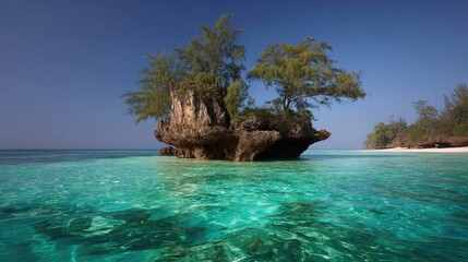 Scenic view of a small island with trees surrounded by clear blue water