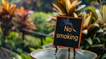 No smoking sign on table in outdoor garden