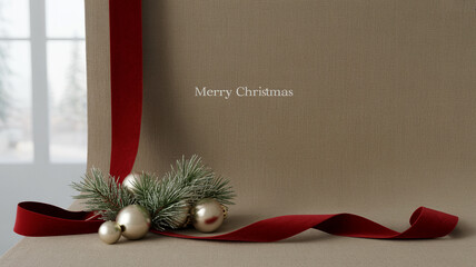 Minimal Christmas Flatlay with Copy Space for Text Seasonal Greeting Card Stock Photo