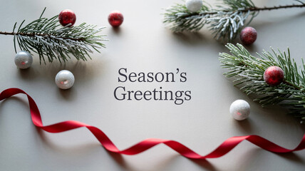 Minimal Christmas Flatlay with Copy Space for Text Seasonal Greeting Card Stock Photo