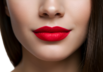 Close-up shot of a woman's full red lips with bold lipstick, symbolizing beauty and sensuality