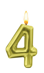 Metallic Golden Number Four Candle with Flame