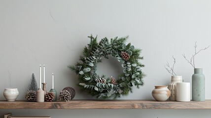 Scandinavian-style Christmas decoration with a frosted pine wreath, pinecones, candles, and ceramic vases arranged on a rustic wooden shelf against a light wall.