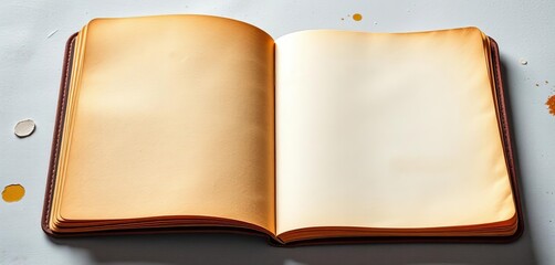 Well-worn brown sketchbook open to a blank page, showing textured paper and slightly curled edges, art, flat lay