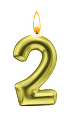Metallic Golden Number Two Candle with Flame