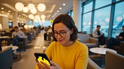 Smiling woman using mobile in airport lounge, waiting for flight departure yellow - Powered by Adobe