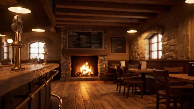 Warm interior of a pub with glasses and beer taps on the counter
