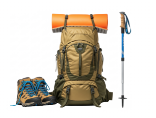 Hiking backpack boots and trekking pole isolated on transparent background