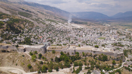 Fototapeta premium Drone View of Historic Gjirokaster Fortress and Town Albania