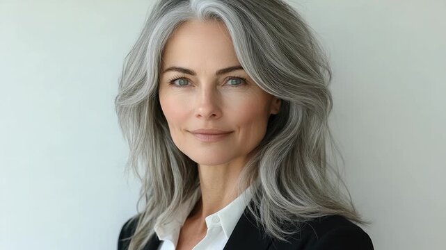 A senior woman with grey hair wearing a white shirt