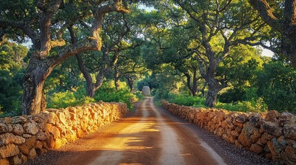 Dirt road lined with stone walls winds towards the horizon, framed by overhanging tree branches
