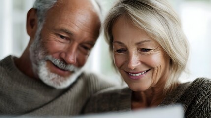 A happy senior couple smiles while reviewing an investment plan at home reflecting contentment and financial security