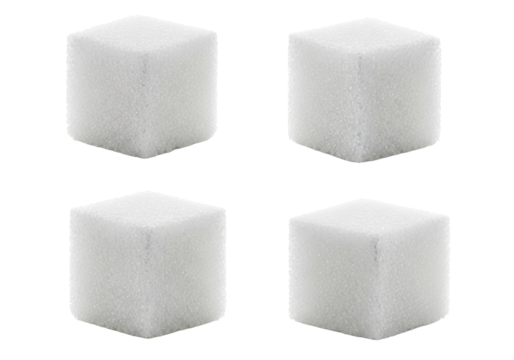 Four transparent sugar cubes with granular texture and sharp edges, in unique orientations on a transparent studio background with negative space, concept of purity