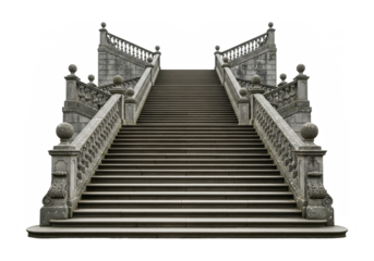 Old stone staircase with ornate balustrade isolated on transparent background
