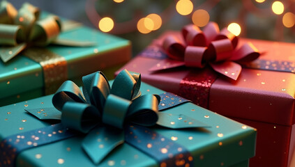 Krupnyy plan elegantno upakovannykh podarochnykh korobok s glyantsevymi bantami i metallizirovannoy bumagoy. Novogodniy padarok Ruki derzhat svetyashchiysya snezhnyy shar s kruzhashchimisya blestkami 