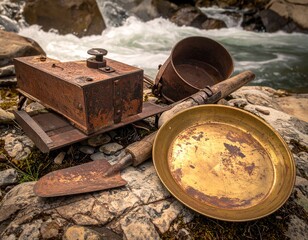 Vintage Gold Panning Kit Tools on River Rocks Prospecting for Gold in Wilderness Landscape