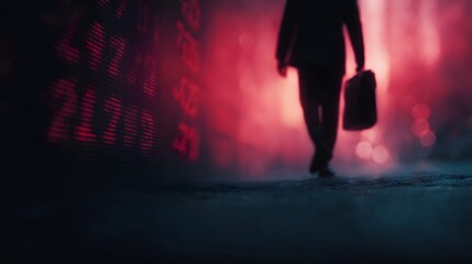 A silhouetted businessman walks past a glowing red digital market display in a foggy urban environment