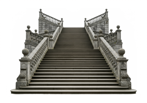 Old stone staircase with ornate balustrade isolated on transparent background