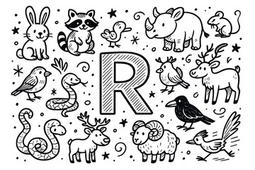 Fototapeta premium Illustrated animals and letter r: rabbit, racoon, rhino, reptiles, birds